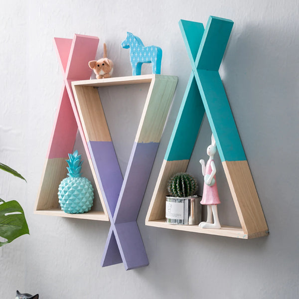 Triangle Wooden Shelf for Wall Decoration, Decorative Crafts, Storage Holder, Living Room, Kids Room
