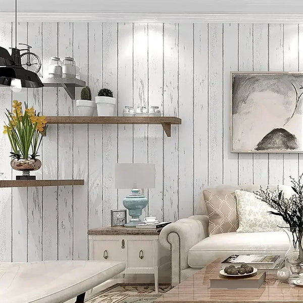 Retro Style White Wood Grain Mural Dormitory Furniture Self-adhesive Wallpaper Background Wall Stickers Decoration Materials