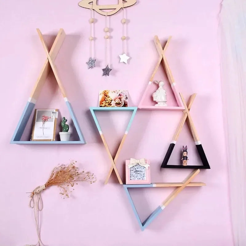 Triangle Wooden Shelf for Wall Decoration, Decorative Crafts, Storage Holder, Living Room, Kids Room