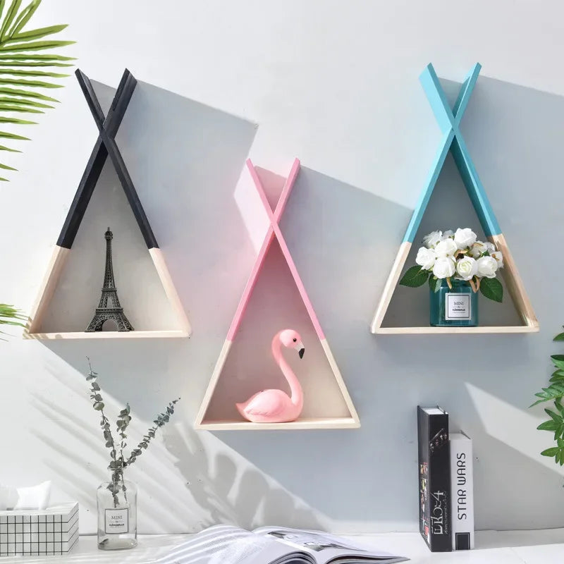 Triangle Wooden Shelf for Wall Decoration, Decorative Crafts, Storage Holder, Living Room, Kids Room